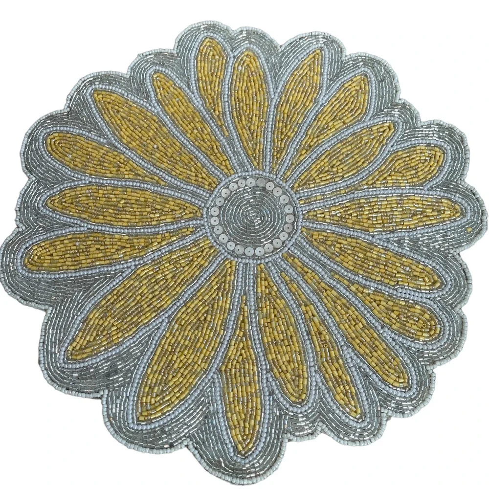 TAHARI HOME Glass Hand Beaded Charger Placemat Summer Yellow & White Floral NEW